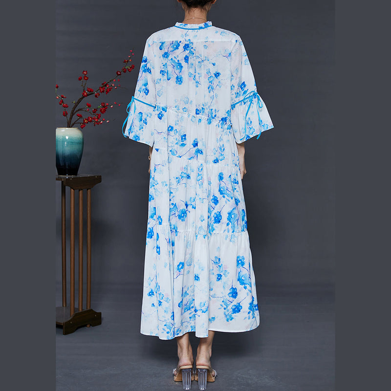 Modern White Ruffled Print Cotton Long Dresses Summer