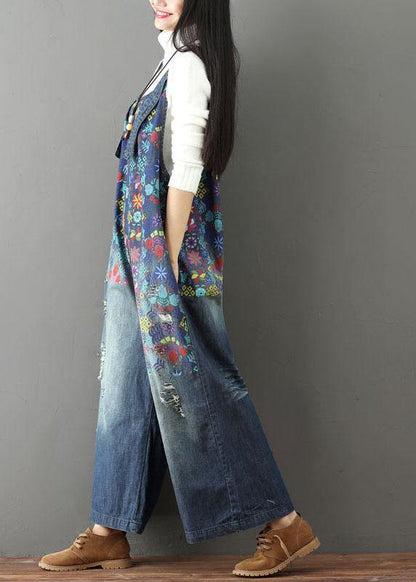Blue Print Wide Leg Fall Romper Denim