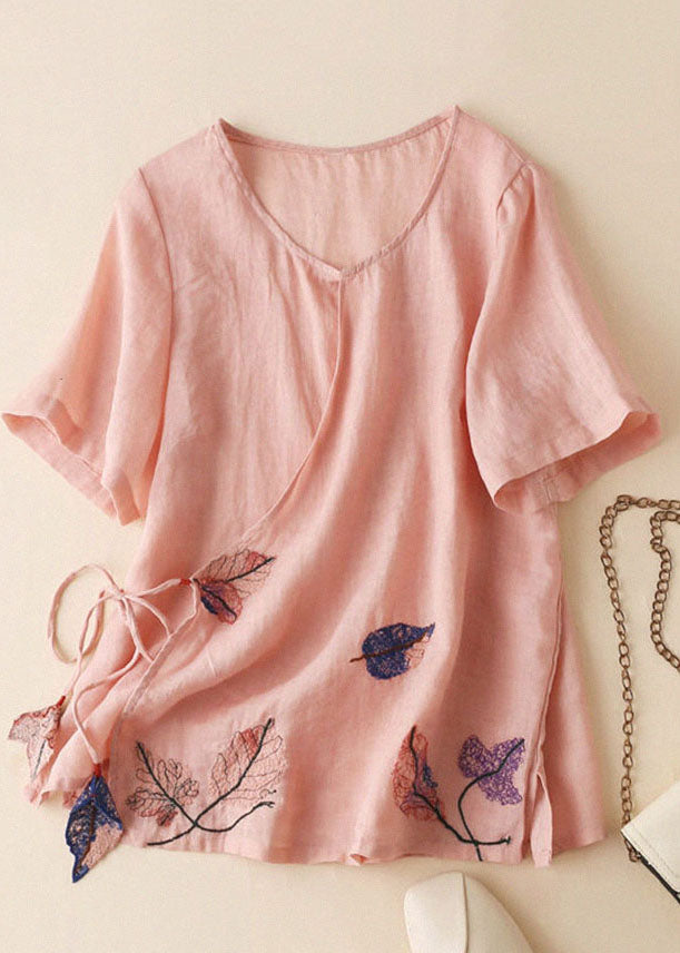 Light Blue V Neck Embroideried Tie Waist Cotton Linen Top Short Sleeve