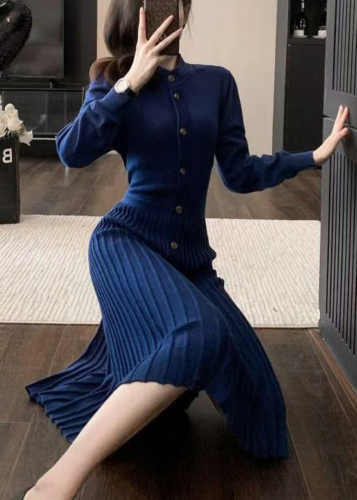 Blue O Neck Wrinkled Knit Sweaters Dress Winter