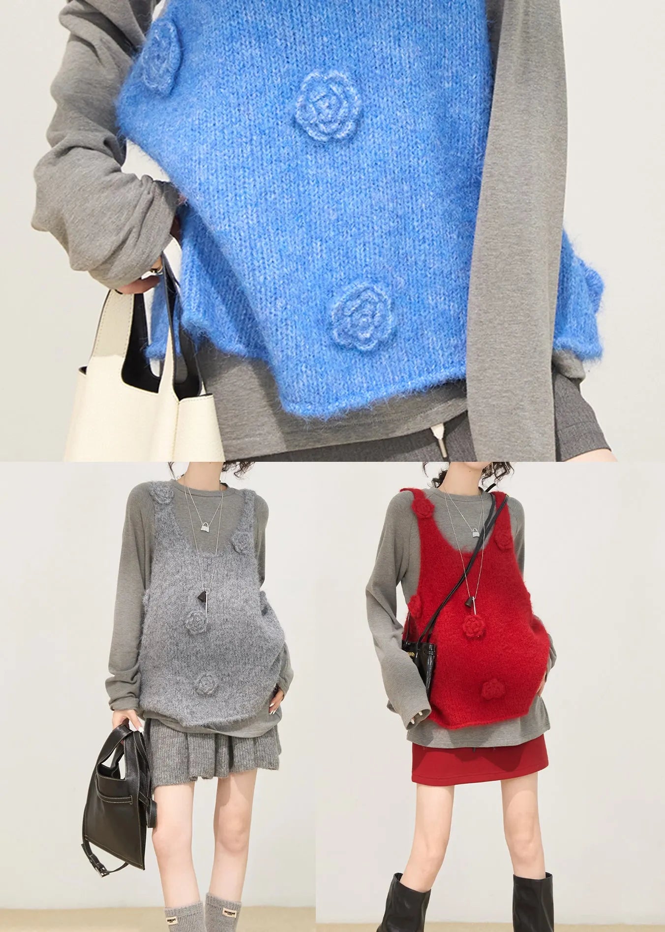 Fitted Red Decorated Knit Vests Winter
