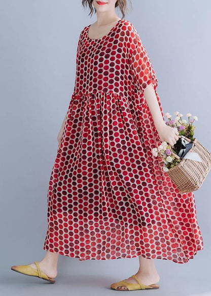 Red Dotted O Neck Cinched Long Summer Dresses
