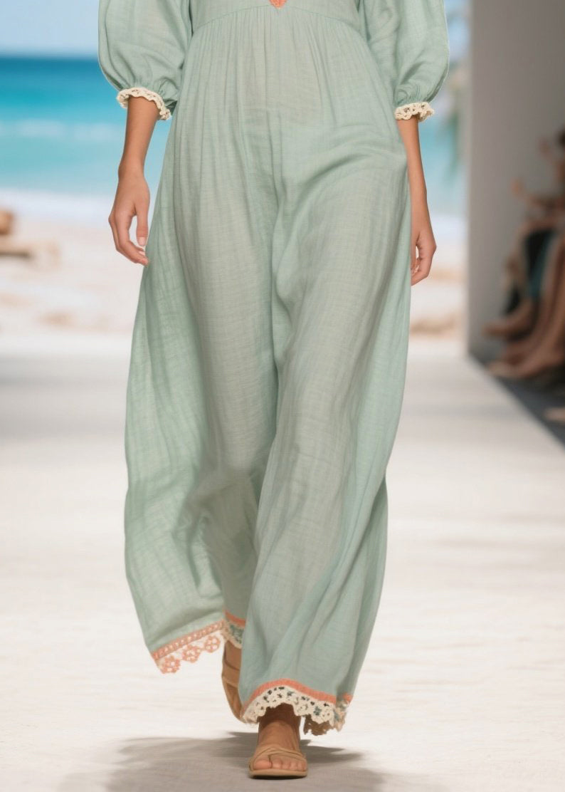 Light Blue V Neck Patchwork Lace Linen Long Dress Summer