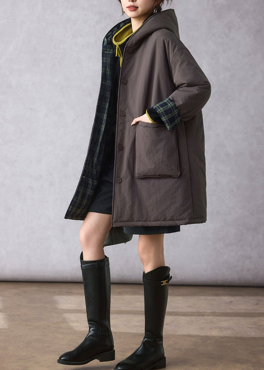 Loose Green Plaid Wear on Both Sides Fine Cotton Filled Hooded Coats Winter