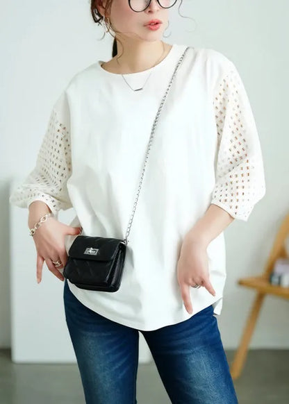 Classy White Oversized Patchwork Hollow Out Cotton Tank Tops Summer