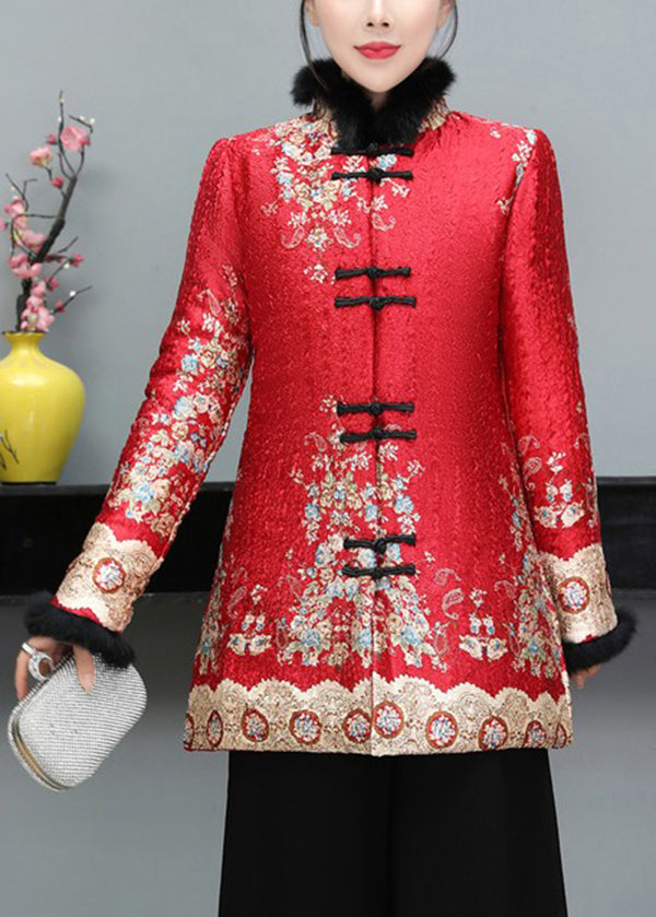 Purple Fur Collar Print Fine Cotton Filled Coat Long Sleeve