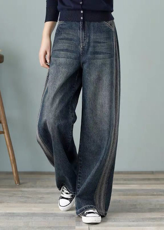 Loose Denim Blue High Waist Pockets Cotton Wide Leg Pants for Spring