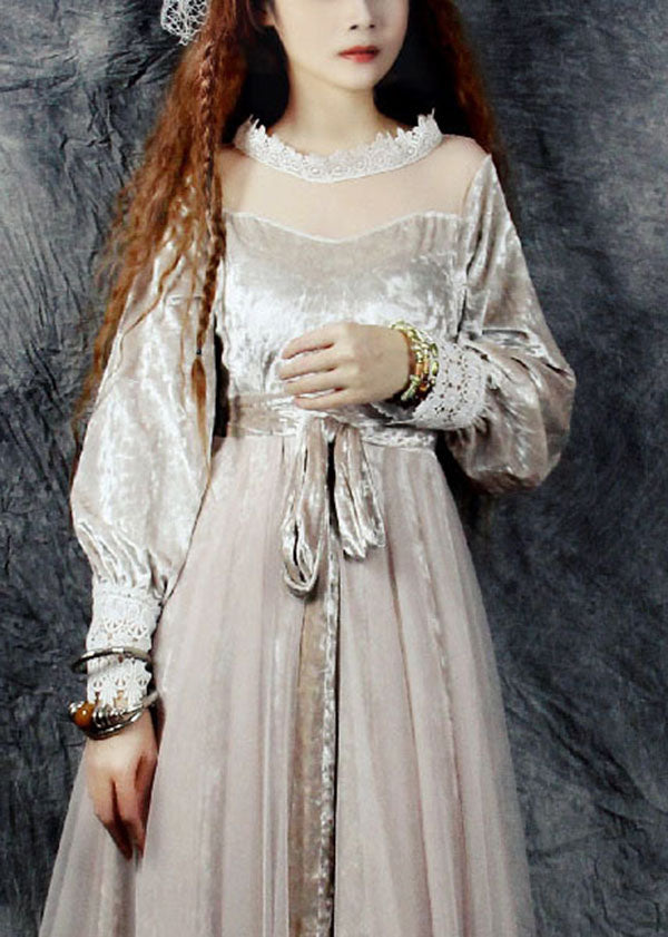 Beige Hollow Out Tulle Patchwork Silk Velour Long Dresses Spring
