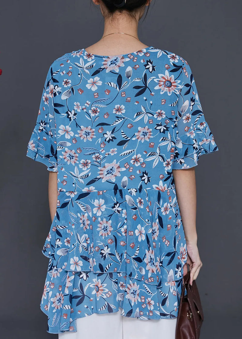 Blue Print Silm Fit Chiffon Shirt Summer