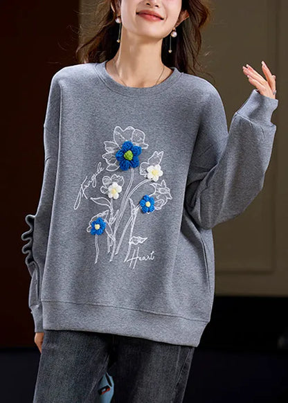 Loose Grey O Neck Patchwork Cotton Sweatshirt Spring