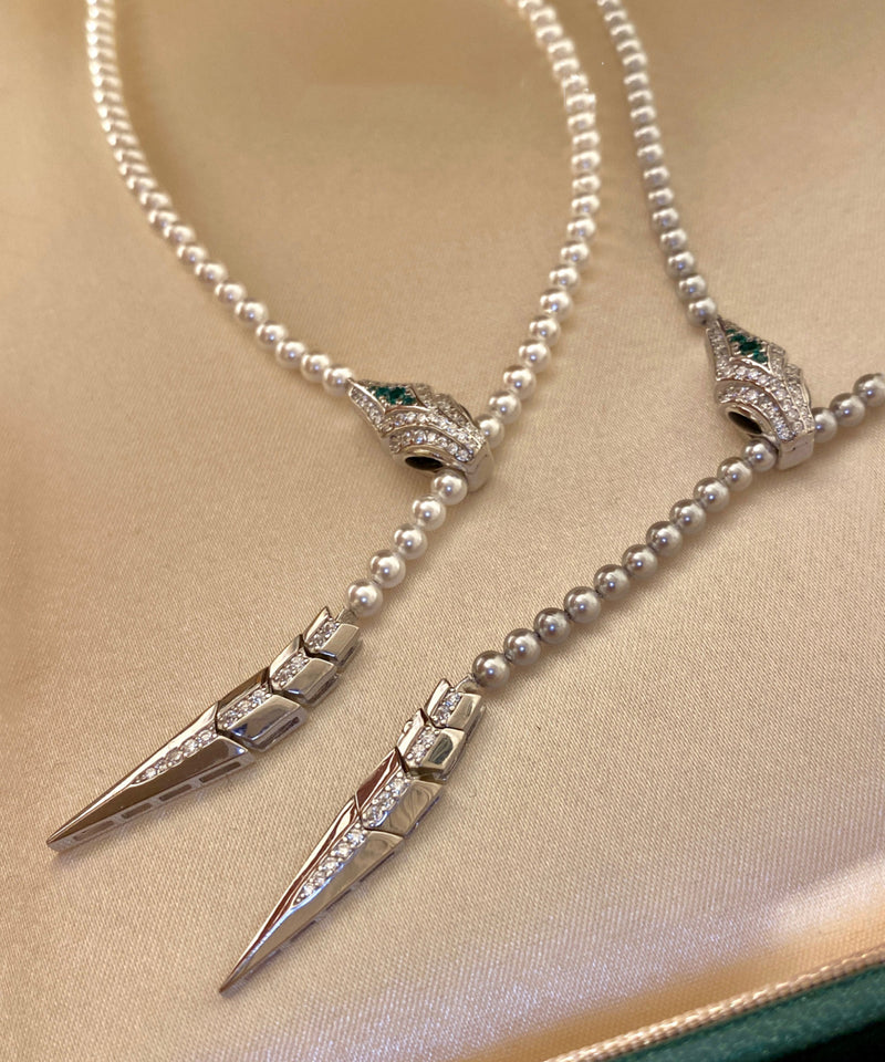 Boutique White Pearl Spirit Snake Zircon Sweater Chain Alloy Necklace