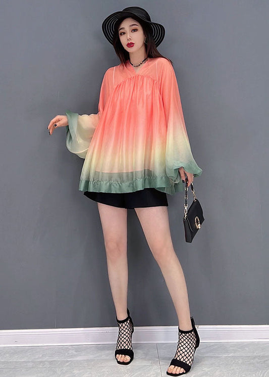 Unique Red Gradient Color V Neck Wrinkled Tulle Top Lantern Sleeve
