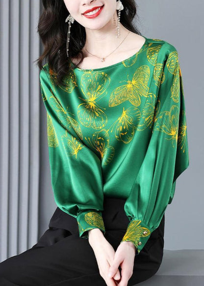 Green O-neck Butterfly Print Silk Tops Long Sleeve