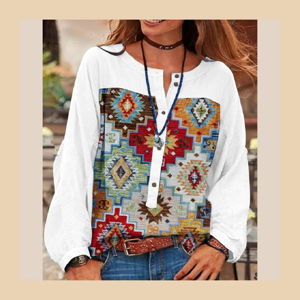 Blue O-neck Button Print Top Long Sleeve