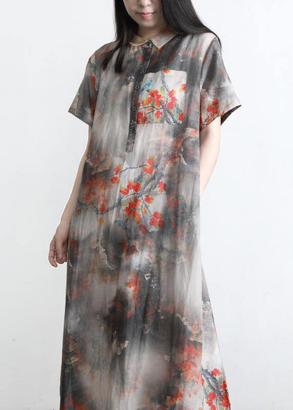 Diy Grey Print Silk Pockets Summer Vacation Dresses