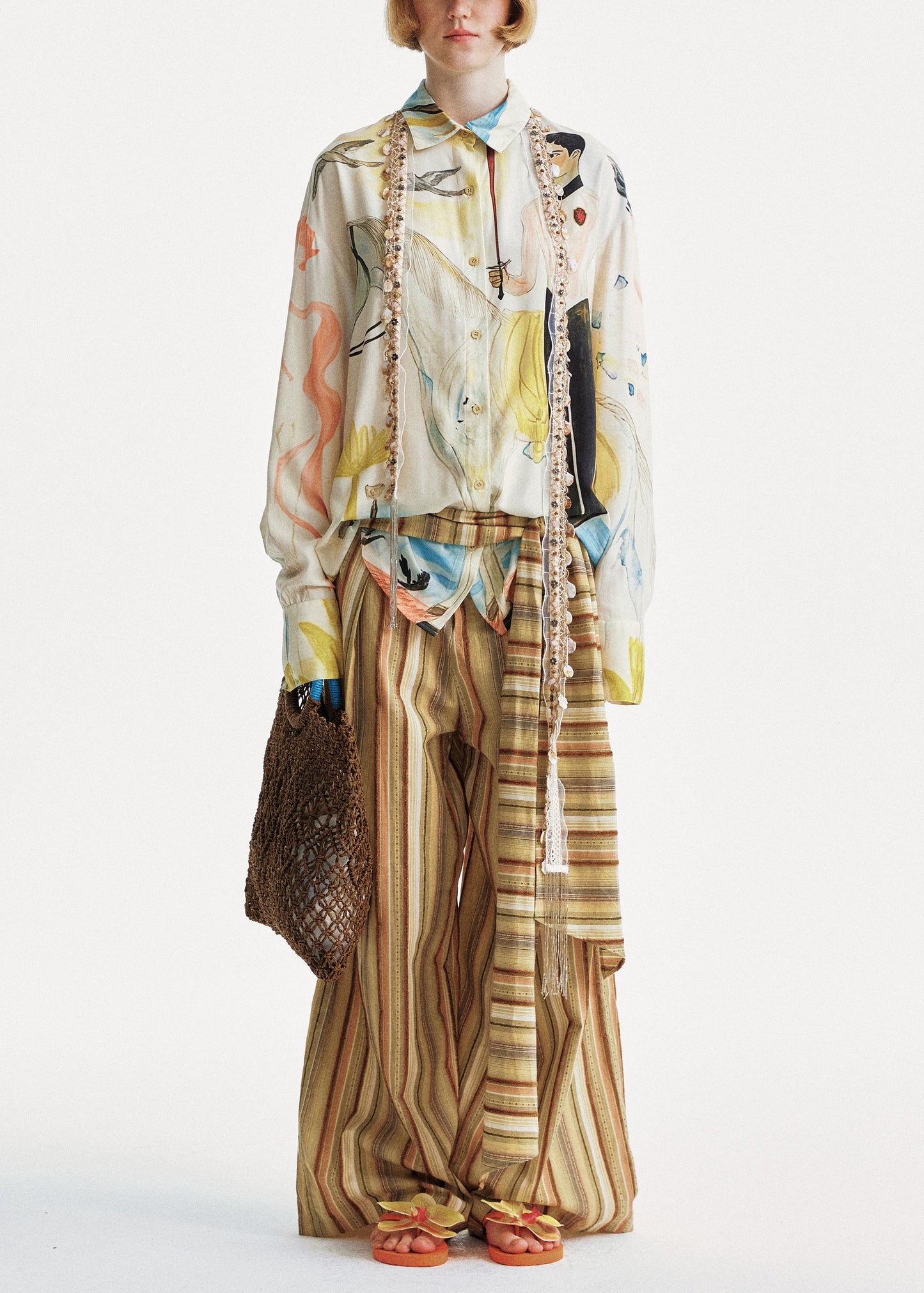 Yellow Striped Cotton Wide Leg Pants Summer