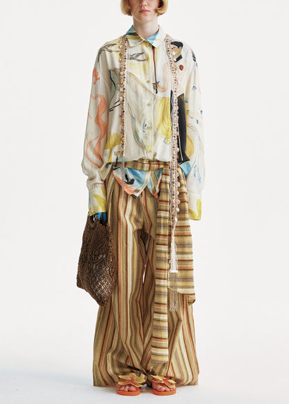Yellow Striped Cotton Wide Leg Pants Summer