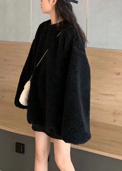 Loose Orange O-neck Thick Teddy Faux Fur Pullover Long Sleeve