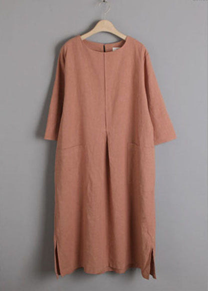 Brick Red Pockets Linen Long Dress Spring