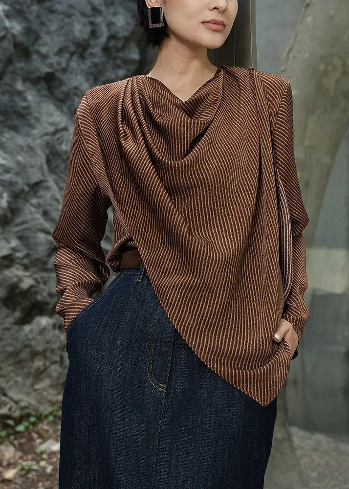 Original Design Brown O-neck Striped Cotton Blouse Fall