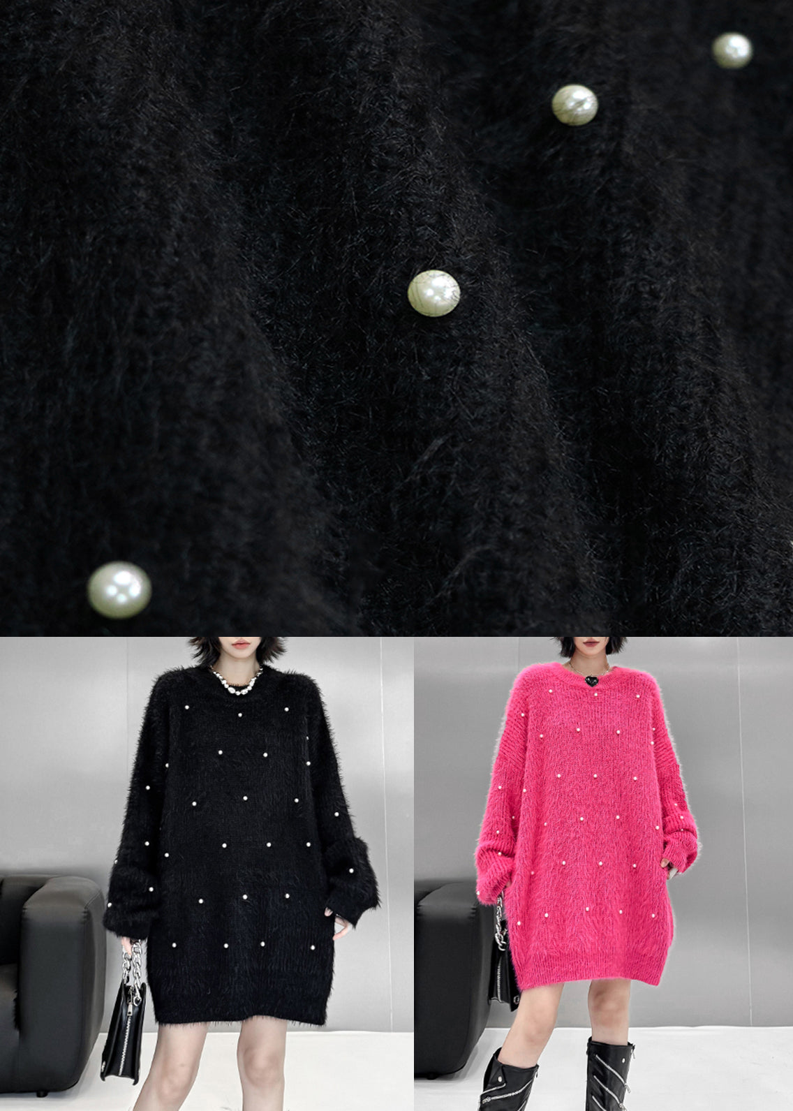 Loose Rose O Neck Pearl Mink Hair Knitted Sweater Spring