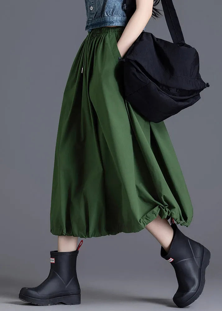 Diy Army Green Elastic Waist Drawstring Cotton Skirt Spring