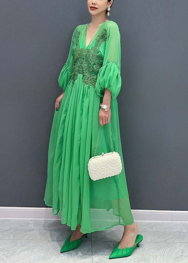 Stylish Green V Neck Embroidered Chiffon Long Dress Fall