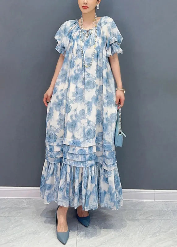 Blue O-neck Ruffled Patchwork Print Chiffon Maxi Dresses Summer