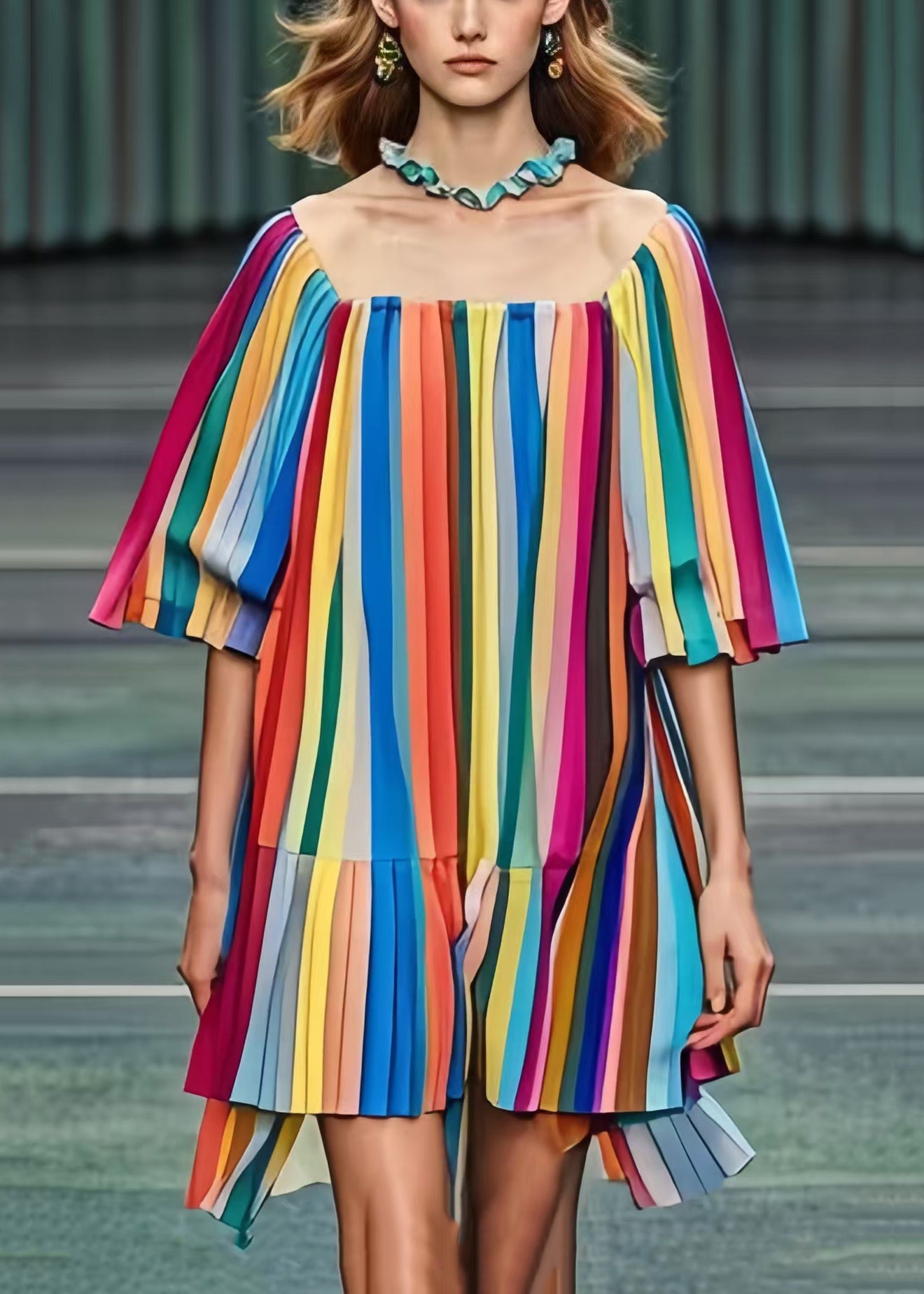 Rainbow Square Colla Striped Chiffon Tea Dress Summer