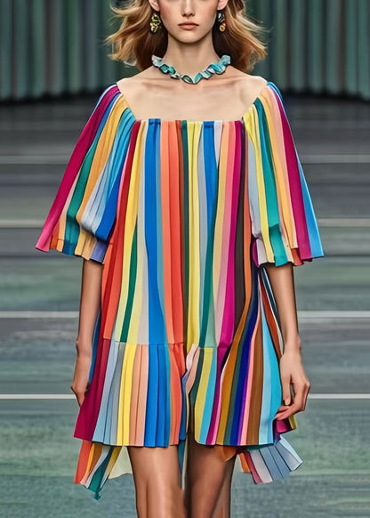 Rainbow Square Colla Striped Chiffon Tea Dress Summer