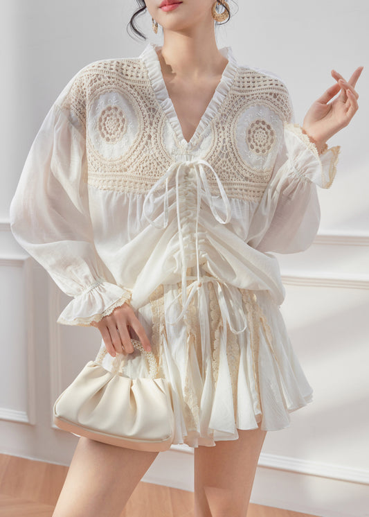 White V Neck Drawstring Shirt and Skirts Two Piece Set Spring