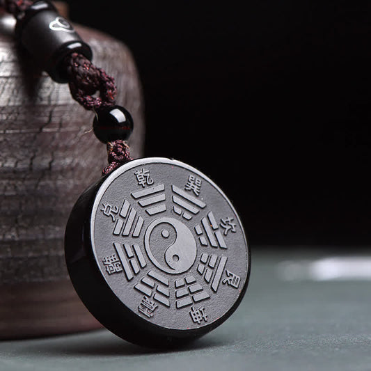 Buddha Stones Black Obsidian Bagua Yin Yang Strength Necklace Pendant