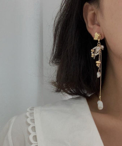 Modern Gold Copper Overgild Asymmetrica Pearl Tassel Drop Earrings