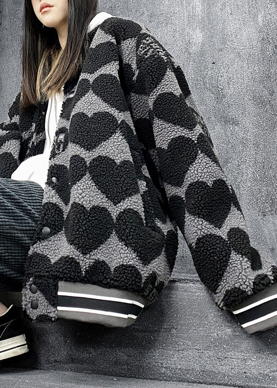 Black Print Pockets Patchwork Faux Fur Cotton Filled Jackets Winter