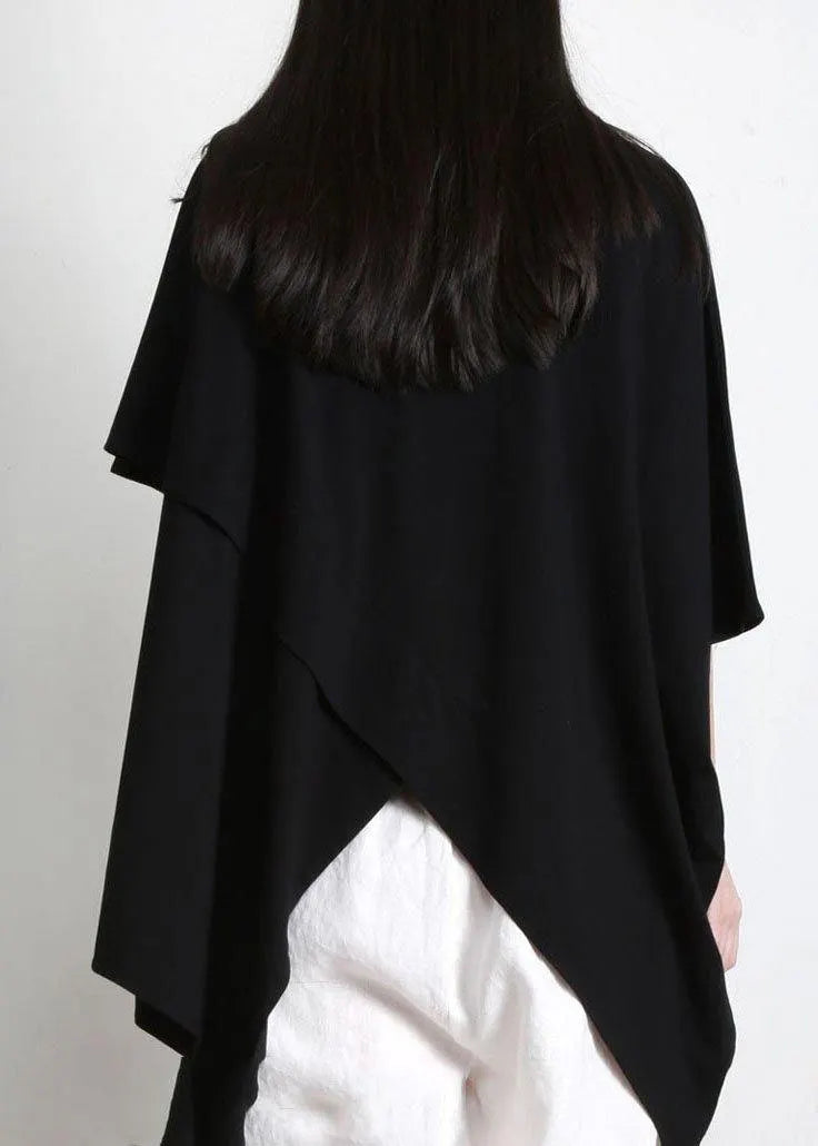 Black Cotton O Neck Asymmetric Tee