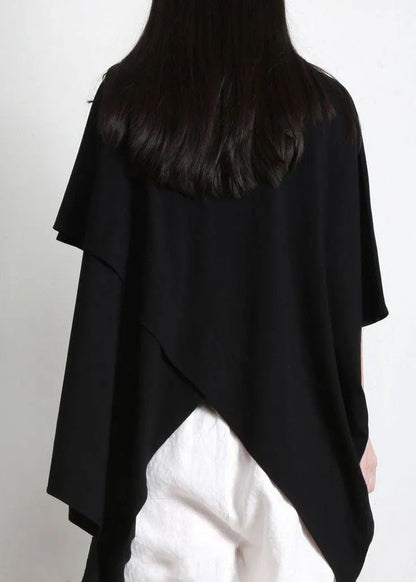 Black Cotton O Neck Asymmetric Tee