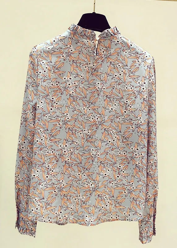 Stand Collarc Ruffled Print Chiffon Shirts Spring