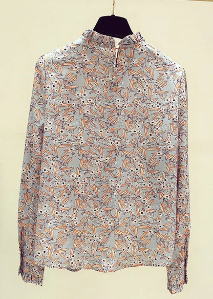 Stand Collarc Ruffled Print Chiffon Shirts Spring