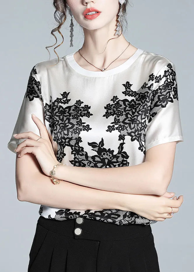 White O-neck Print T Shirt Short Sleeve