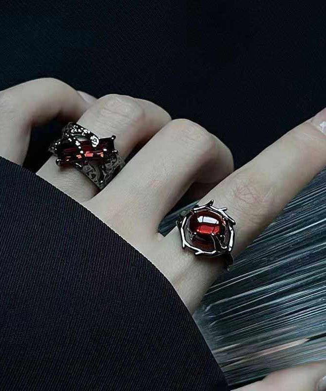 Dark Style Red Zircon Adjustable Metal Open Ring for
