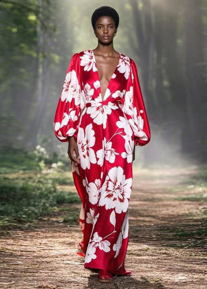 Red V Neck Print Silk Ankle Dress Spring