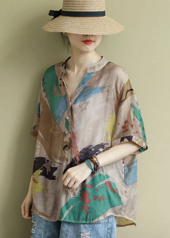 V Neck Print Button Shirt Tops Half Sleeve