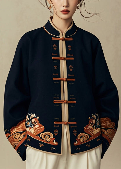 Chinese Style Navy Stand Collar Print Cotton Coats Spring