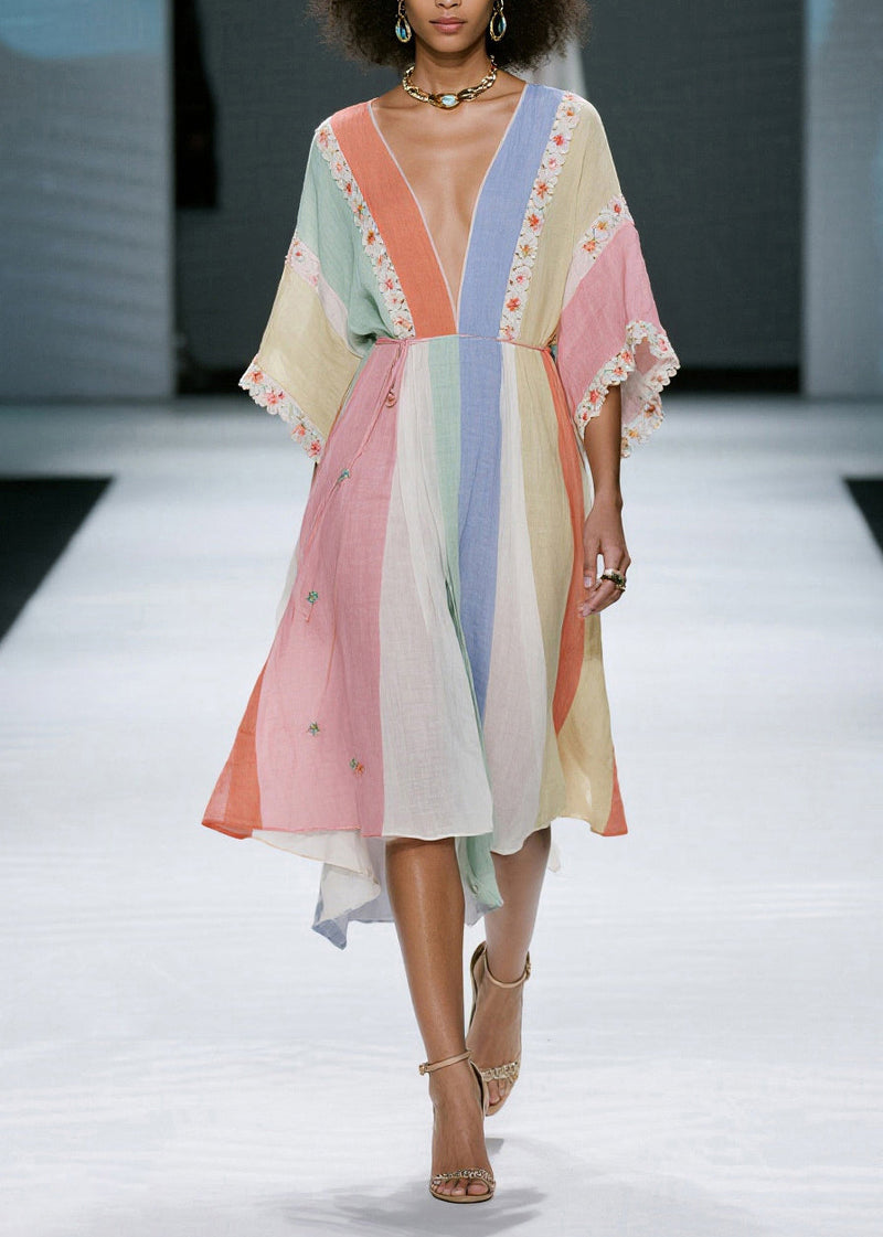 Colorblock V Neck Cotton Dress Summer