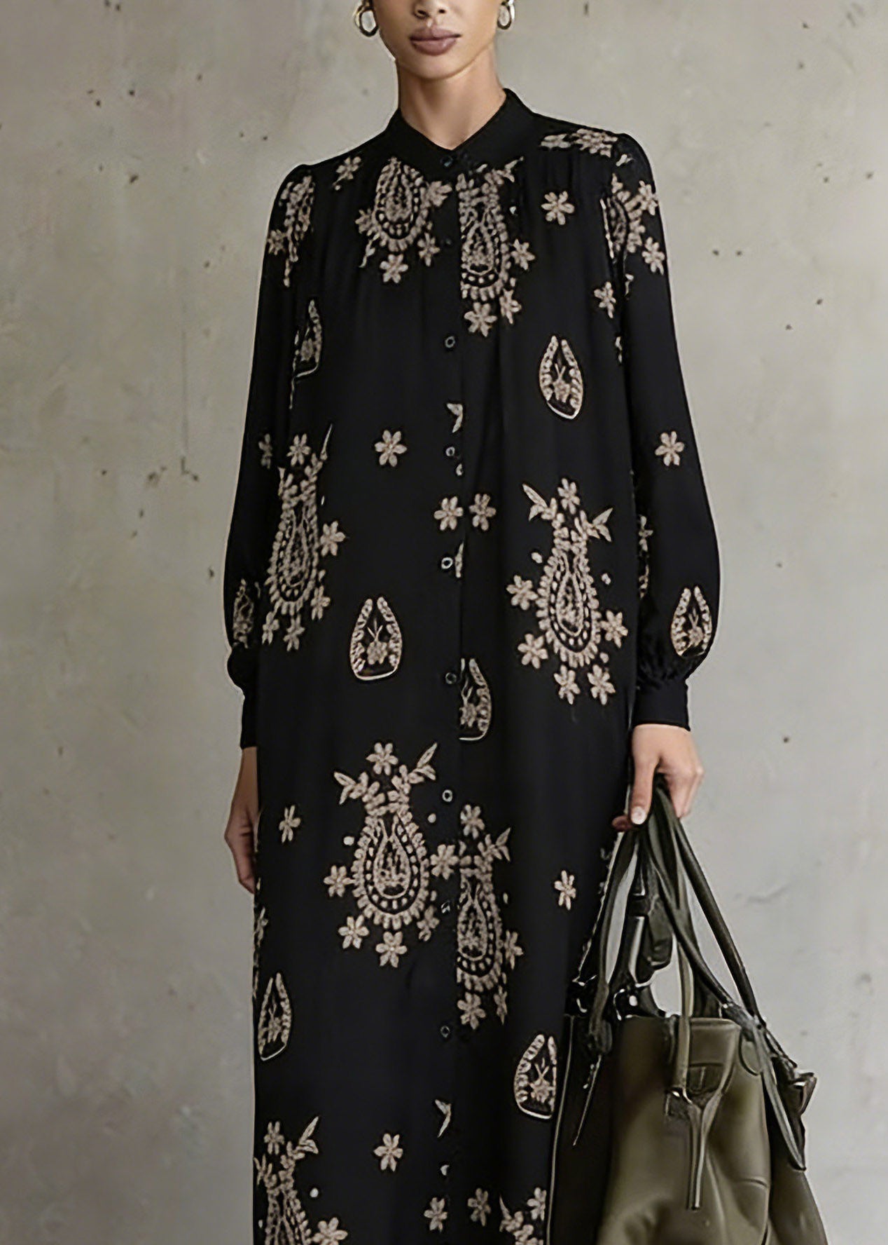 Black Stand Collar Print Ankle Dress Lantern Sleeve