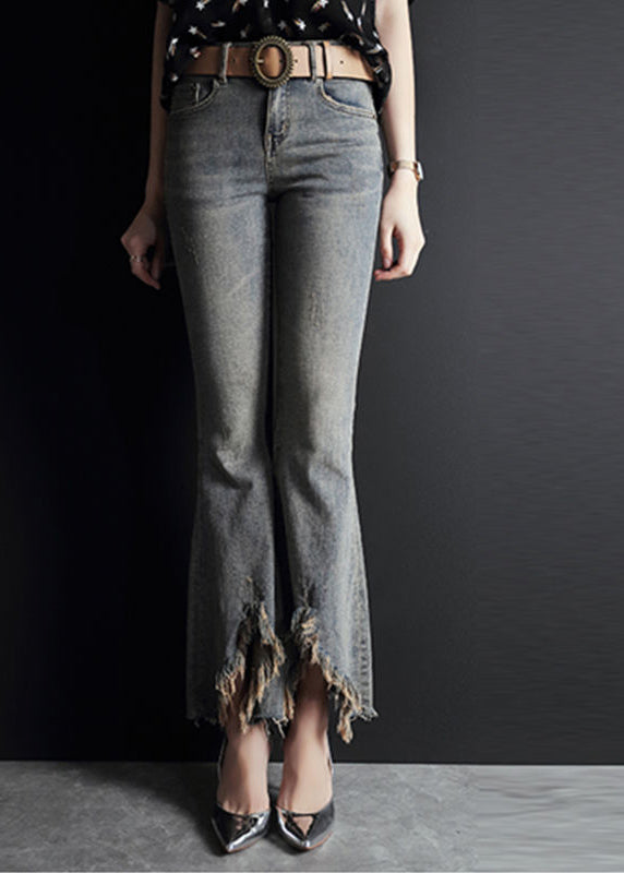 Light Blue Asymmetrical Pockets Cotton Denim Flare Pants Summer