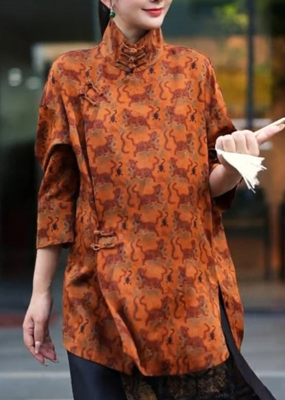 Orange Stand Collar Print Side Open Shirt Three Quarter Sleeve