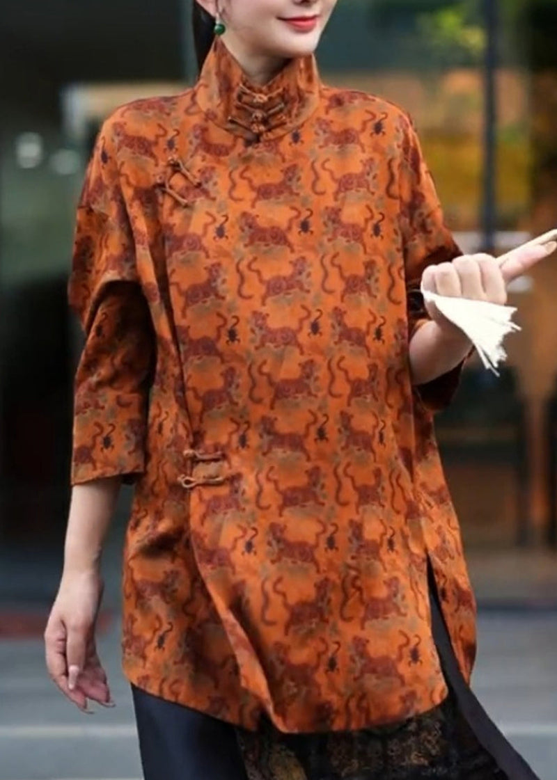 Orange Stand Collar Print Side Open Shirt Three Quarter Sleeve