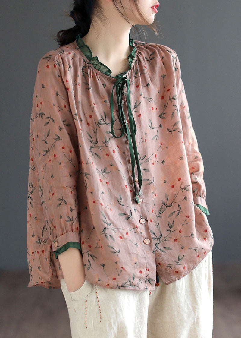 Neck Tie Ruffled Print Low High Design Linen Shirt Long Sleeve