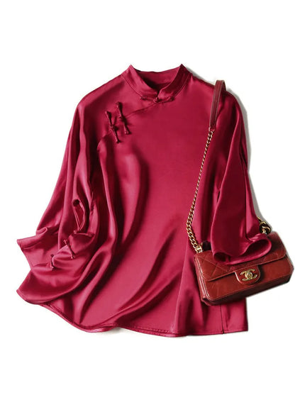 Fine Red Mandarin Collar Side Open Silk Shirt Three Quarter Sleeve